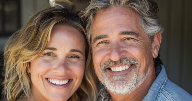 Middle aged couple embrace and smile after visiting Dr. Sherman.